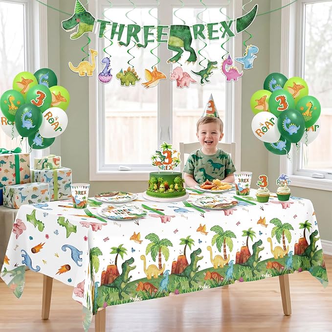 210 Pcs 3rd Dinosaur Birthday Party Decorations 24 Guests ，Three-Rex T-Rex Rawr Dino Party Supplies with Banner Hanging Plates Napkins Cups Forks Knives Tablecloth Topper Balloons for Boy Party