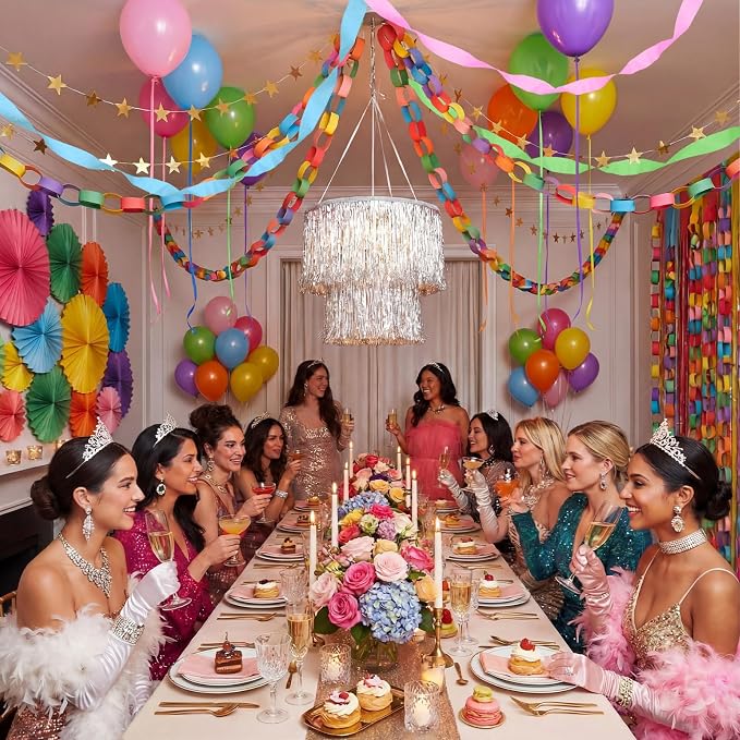 Blueweenly Fancy Princess Birthday Party Decorations Paper Chain Garland Strip Ceiling Party Classroom Decor Crepe Streamer Glitter Star Chandelier Balloons for Wedding Birthday(Rainbow,Small,8 Pcs)
