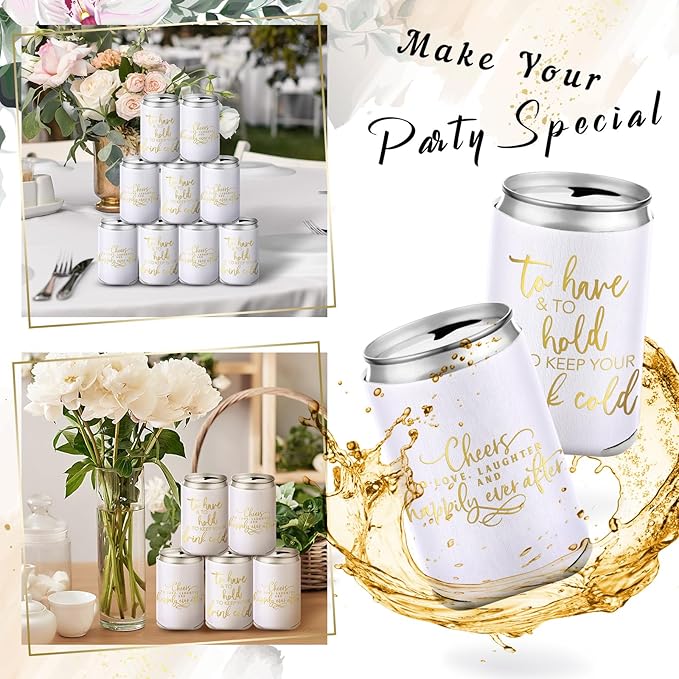 Qinyoung 50 Pieces White Wedding Can Cooler Sleeves Bulk Engagement Party Favors for Guests Beer Cooler Cheers to Love Laughter Happily Ever After Rehearsal Dinner Decorations for Wedding Bridal