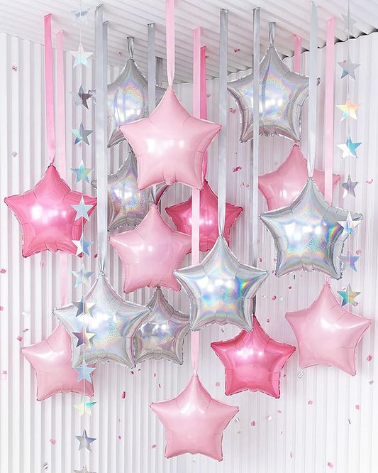 Duraaamo 30 Set Star Foil Balloons Bulk 22 Inch Metallic Star Balloons and Stars Banner and Satin Ribbon for Ceiling Birthday Graduation Ornaments Party Decor (Pink, Silver)