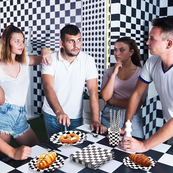 Funnymoom 452 Pcs Checkered Flag Party Supplies for 50 Guests, Black and White Checkered Paper Plates Napkins Cups Tablecloth Cutlery Straws for Race Car Birthday Party Decorations