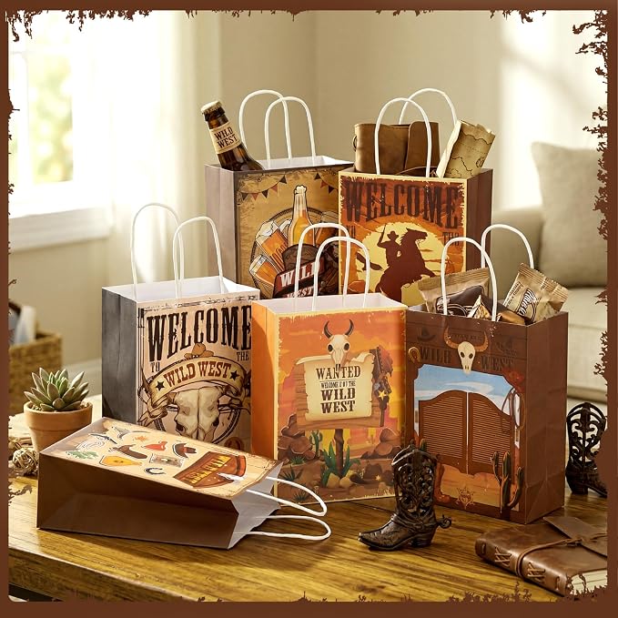 Outus 48 Pcs Cowboy Party Favor Bags Western Paper Gift Goodie Candy Treat Bags Bulk with Handle Wild West Rodeo Bag Gift Treat Wild West Pouch‌ for Cowgirl Birthday Party Supplies Favors