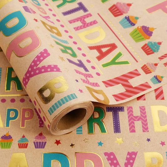 Aimyoo Colorful Birthday Wrapping Paper Roll - 17 Inch X 16.4 Feet - Gold Foil Happy Birthday Lettering & Cupcake Design Gift Wrap for Kids, Baby Showers
