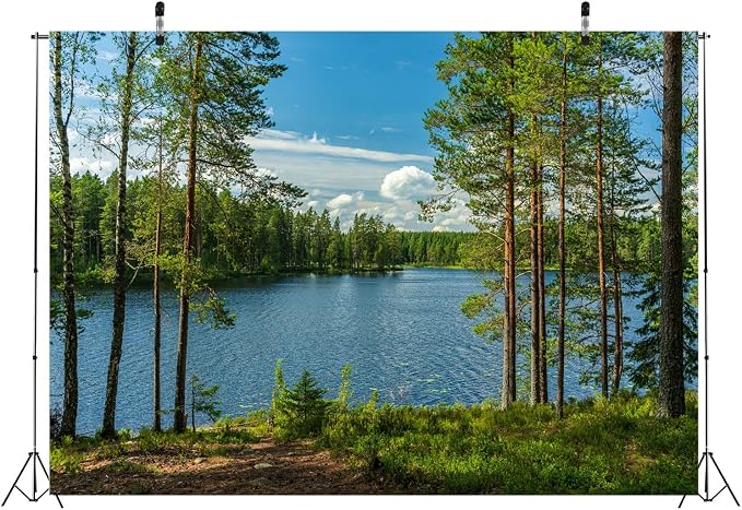 BELECO 15x8ft Fabric Forest Lake Backdrop Nature Park Lakeside Green Trees Scenery Background Spring Summer Outdoor Camping Hiking Decoration Kid Adult Artistic Portrait Photo Studio Props