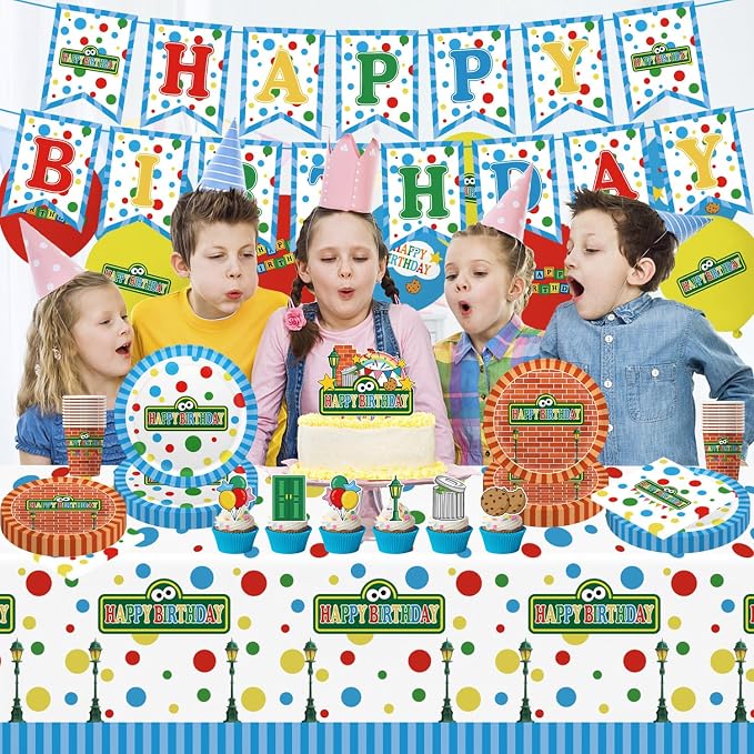 104pcs Birthday Party Decorations Cute Theme Tableware Set Include 9 Inches Plates, 7 Inches Plates, Happy Birthday Banner, Ballons, Napkins, Cups, Tablecloth, Cake Toppers and Cupcake Toppers