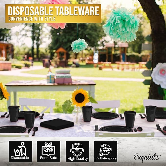 350 Pcs Black Plastic Plates For Party, Black Disposable Plates Set, 50 Of Each 9" Dinner Plate Set, 7" Dessert Plate, Cups, Napkins & Cutlery Plastic Dinnerware Set Exquisite