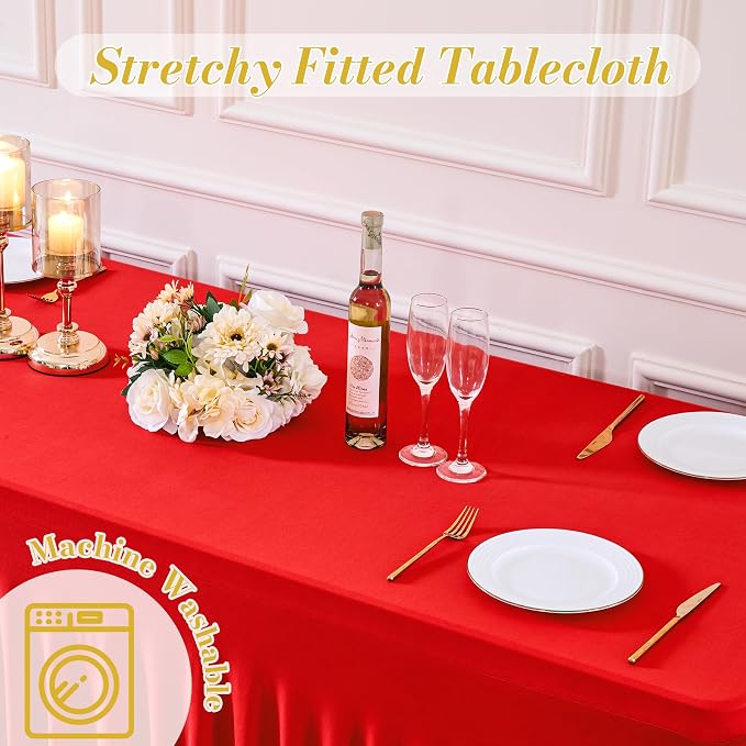 4 Pack Red Table Cloth for 8 Foot Rectangle Tables Spandex Fitted Tablecloth 8ft Stretch Table Covers Skirt Red Banquet Tablecloths Wrinkle Free Tablecloth for Party Wedding Birthday Event