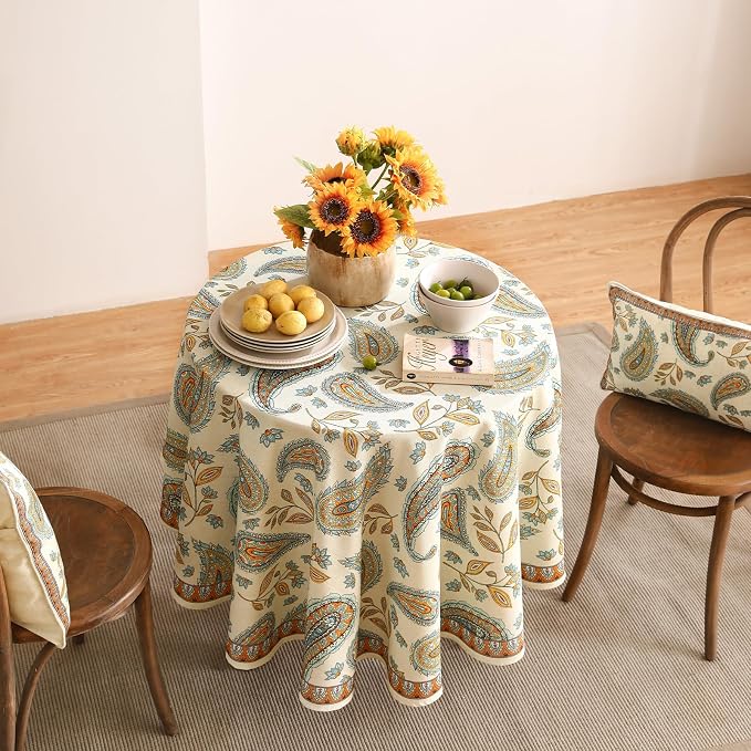 patdrea Vintage French Linen Tablecloth,Round,Diameter 67"-Lysaniya | Colorful Elegant Table Cloth for Round Table,Paisley Patterned,Dining Room Tea Party Thanksgiving Decor,Stain Resistant