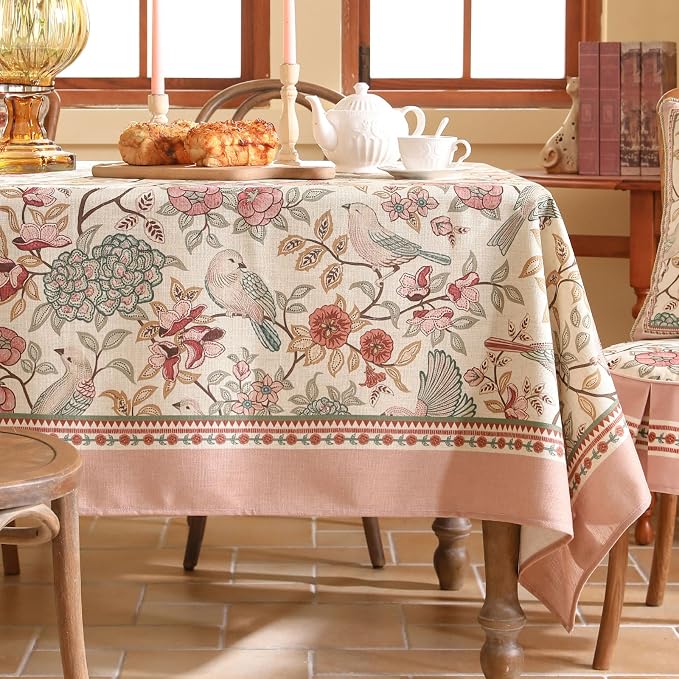 patdrea Vintage French Linen Tablecloth,Rectangular,71"x55"-Kulom A | Elegant Table Cloth for Rectangle Table,Leaves and Bird Patterned,Dining Room Tea Party Thanksgiving Decor,Pink