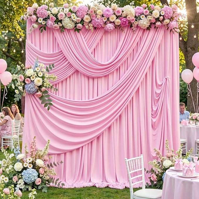 50ftx12ft Wrinkle Free Pink Backdrop Curtain, 10 Panels 12FT Height Pastel Pink Drapes for Wedding Backdrop, Silky Polyester Photo Back Drop Cloth for Birthday Party Photography Background