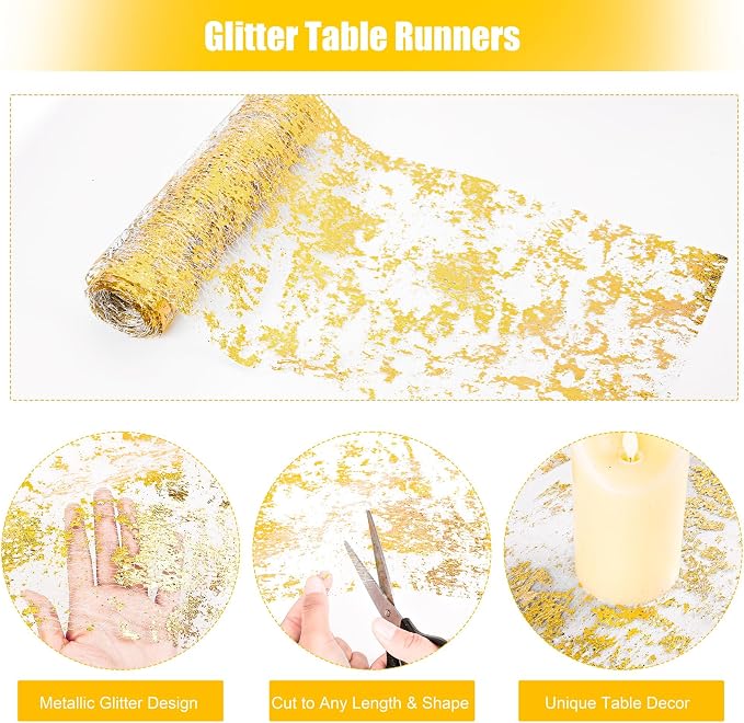 Aneco 12 Pieces Metallic Glitter Table Runner 84 x 11 Inches Gold Glitter Mesh Table Runners Sparkle Rectangle Runner Roll Decorations for Wedding Baby Shower Birthday, DIY Home Decor