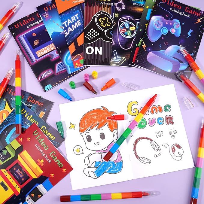 BenLouis 24 Video Game Mini Coloring Books Kids with 24 Stacking Crayons Gaming Party Favors Activity Books Bulk for Kids Boys Neon Game Level Up Goodie Bag Gift Stuffer Classroom Reward