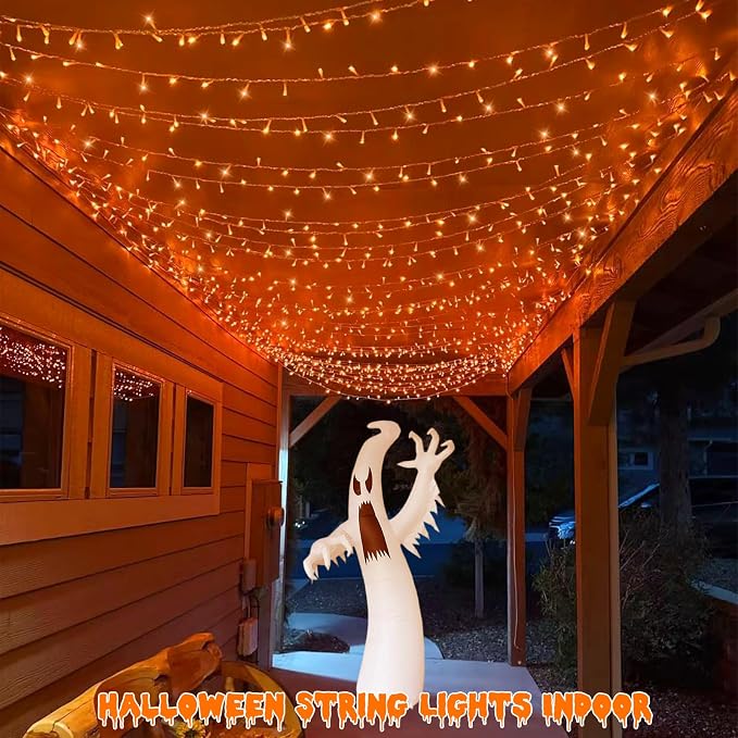 YEGUO Thanksgiving Lights Battery Operated, 2 Pack Each 33ft 100 LED Orange String Lights Outdoor Waterproof, Clear Wire Fairy Christmas Light Indoor with Remote
