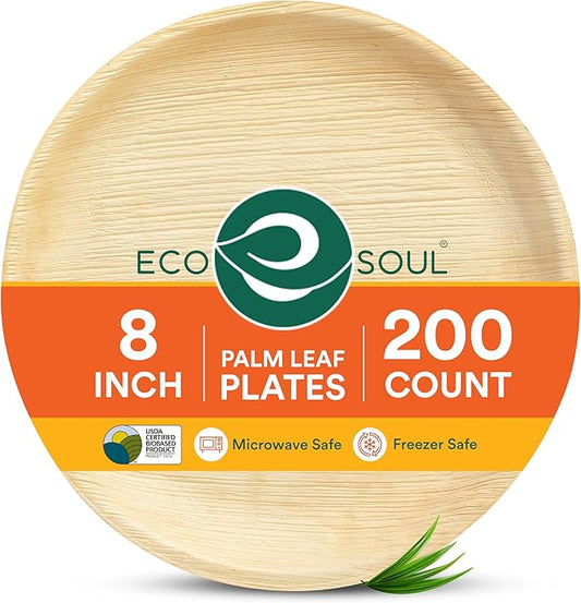ECO SOUL 8 Inch Disposable Palm Leaf Plates [200 Pack] Premium Food-Safe Heavy Duty Compostable Bamboo Paper Plates for Lunch, Dinner, Birthday, Weddings, Party, Camping & Catering Events [Round]