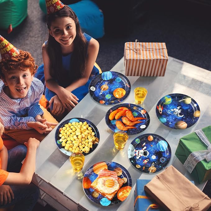Funnymoom 60 Pcs Space Theme Party Decorations 9 Inch Astronaut Outer Space Paper Plates Solar System Birthday Party Supplies for Kids Galaxy Planet Rocket Ship Theme Decoration