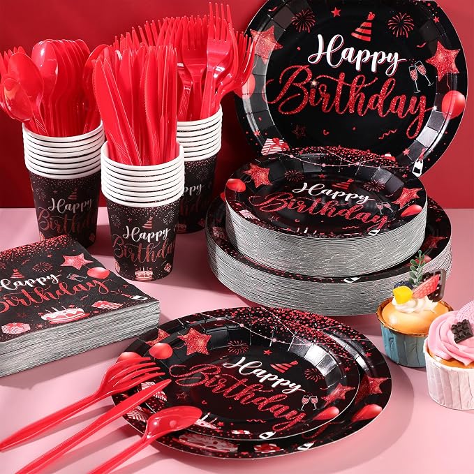 Vesici 350 Pcs Happy Birthday Party Supplies Disposable Party Tableware Set Serves 50 Included Plates Napkins Cups Cutlery for Men Woman 50th 80th Birthday Party Decorations (Black Red)