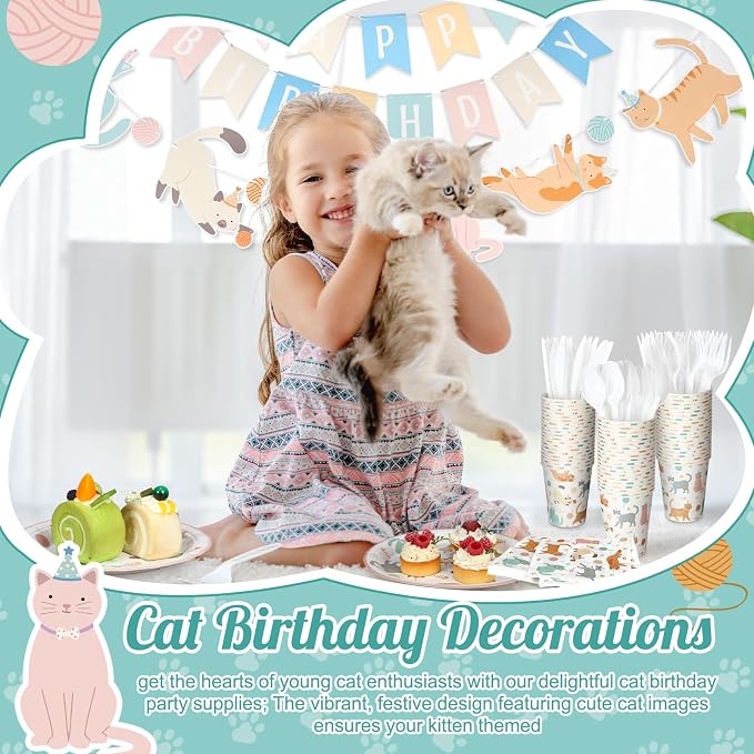 Qinyoung 176 Pcs Cat Birthday Party Supplies Disposable Tableware Set Serves 25 Cute Kitten Themed Paper Plates Napkins Cups Cutlery with Banner for Birthday Decorations