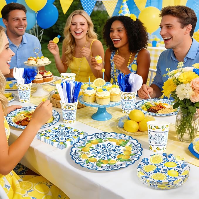 168Pcs Capri Lemon Party Decoration Blue Tiles Plates Napkins Cups Forks Knives Spoons Scalloped Blue Yellow Lemon Disposable Tableware Set for Wedding Bridal Shower Party Supplies Serves 24