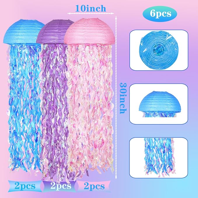 OBXT 10" Mermaid Jellyfish Lanterns – Pink Purple Blue Decorations for Ocean Princess Birthday Party, Under the Sea Theme, Baby Shower, Ocean & Beach Room Hanging Decor (Set of 6)