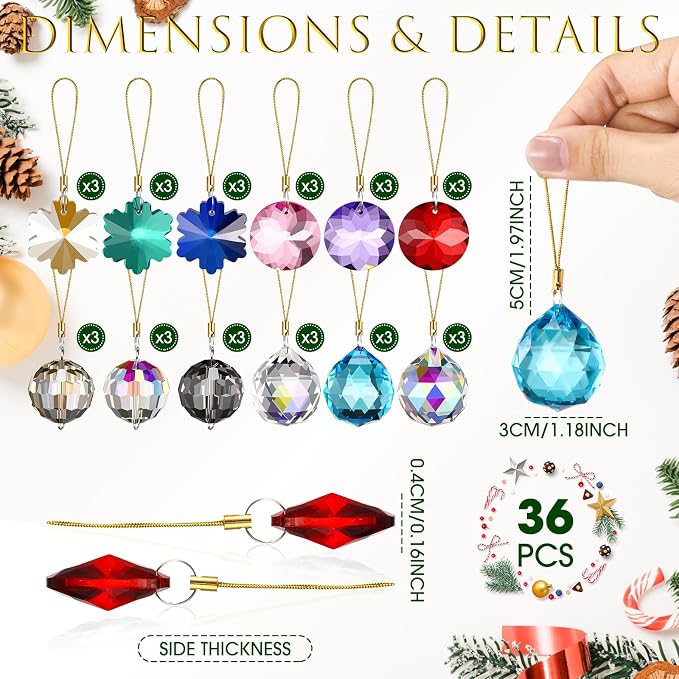 XunYee 36 Pcs Crystal Glass Christmas Balls Ornaments, 1.18" Mini Hanging Crystal Prism Xmas Tree Decorations Pendants for Home Wedding Birthday Party Holiday Decorations(Multi Color,Mixed Styles)