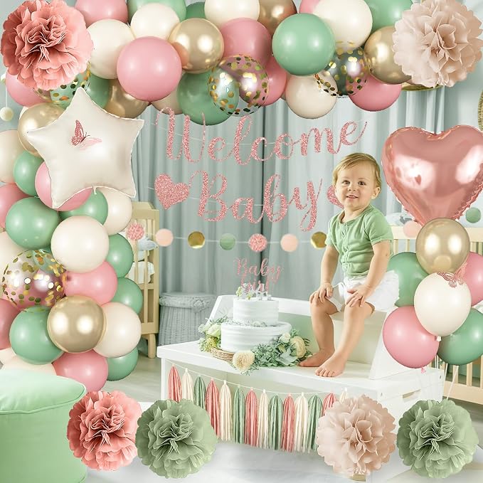Baby in Bloom Baby Shower Decorations, Sage Green Dusty Blush Pink Gold Sand White Latex Confetti Balloons with Banner Cake Topper Pom Poms Tassel for Girls Boho Fairy Floral Birthday Party Decoration