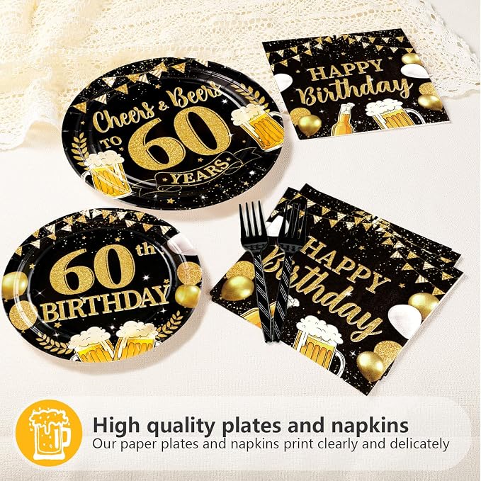 96Pcs Father's Day 60th Birthday Graduation Party Supplies Black Gold Plates and Napkins Tableware Sets Cheers and Beers to 60 Years Decorations for Best Dad Men 60 Years Old Birthday Party Serves 24