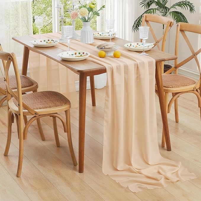 Horbaunal 2 Pack Nude Chiffon Table Runners 10FT Sheer Chiffon Runner 29x120 Inches Romantic Boho Rustic Table Runner for Wedding Party Bridal Baby Shower Table Decorations