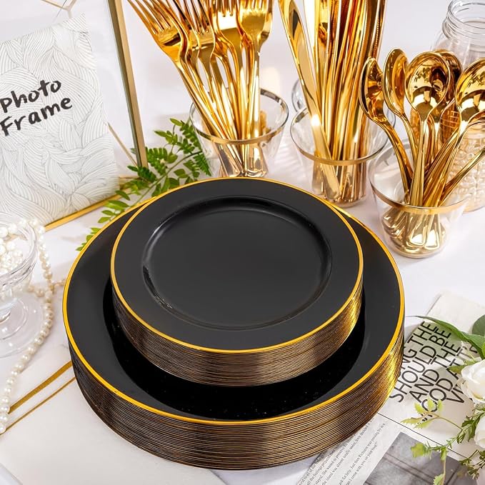 SUT 175 Piece Black and Glod Plastic Dinnerware Set for 25 Guests, Disposable Plastic Plates, Include: 25 Dinner Plates, 25 Dessert Plates, 25 Pre Rolled Napkins with Silver Silverware, 25 Cups