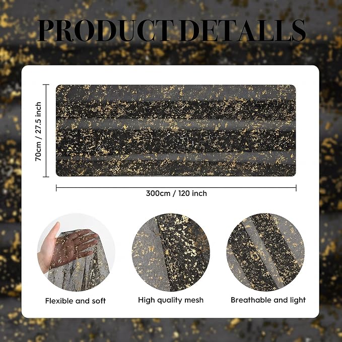 Artoid Mode 6Pcs Black Gold Gauze Table Runner 120 Inch 10FT, Glitter Metallic Foil Sheer Dining Wedding Anniversary Holiday Birthday Table Decor for Home Party