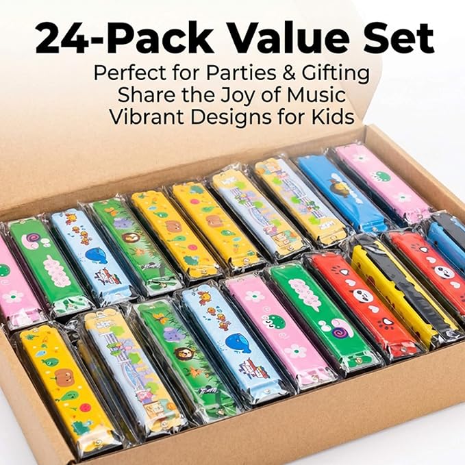 24 Pack Kids Harmonicas Birthday Party Favors - Colorful Cartoon Music Toys for Boys Girls Age 3-12, Goodie Bag Stuffers