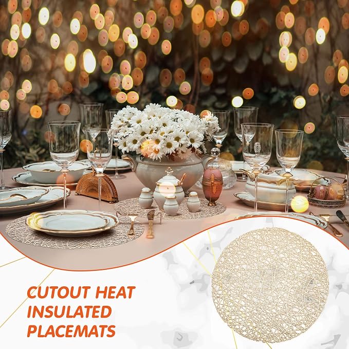 Sieral 12 Packs Gold Round Placemats 15 Inch Hollow Out Pressed Vinyl Place Mats Heat Resistant Woven Gold Placemats for Christmas Dinner Table Winter Holiday Party Wedding Centerpiece Decoration