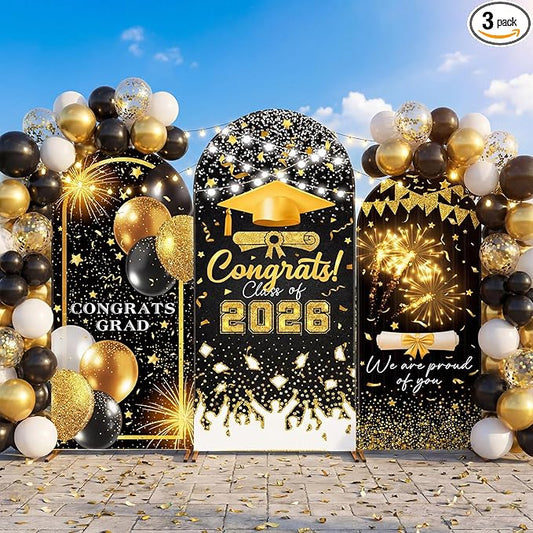 WovWeave Graduation Arch Backdrop Stand Cover Set of 3-4ft 5ft 6ft Grad Arch Cover Photo Booth Backdrop Decorations for Graduation Party Decor Supplies (Black Gold,Congrats)