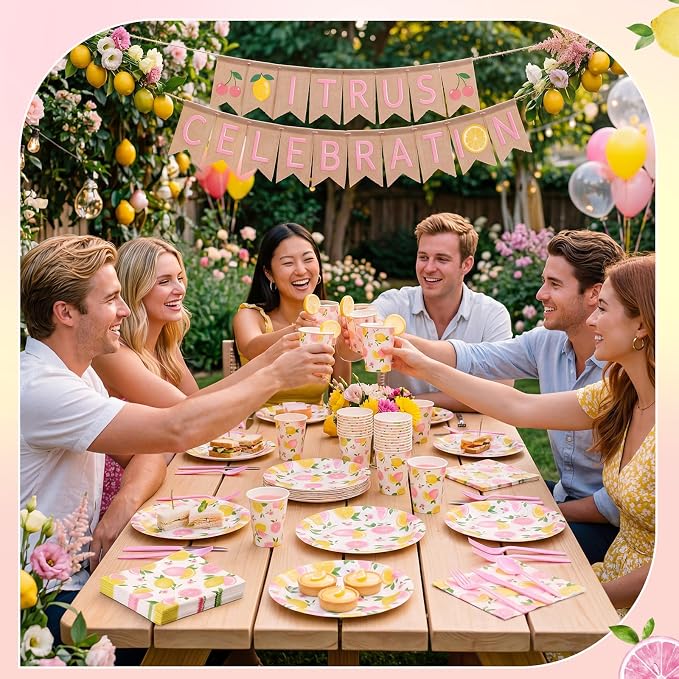 Funnymoom 400 Pcs Pink Lemon Party Supplies for 50 Guests Summer Pink Lemon Birthday Paper Plates and Napkins Knives Spoon Fork Cup Set Cutlery for Lemonade Theme Birthday Summer Bridal Shower