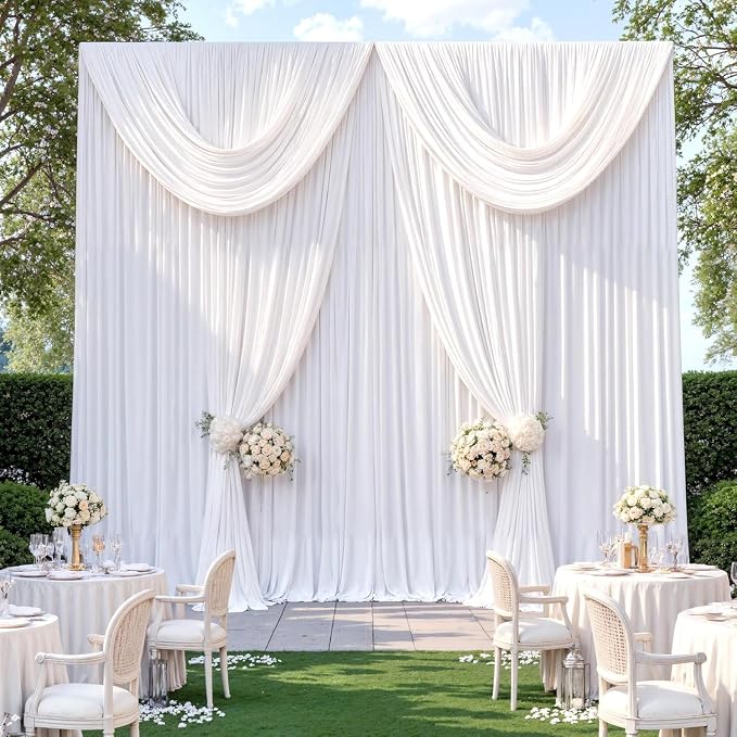 10ft x 15ft White Backdrop Curtains for Wedding Parties, 2 Panels Wrinkle Free Fabric Drapes Photo Back Drop Cloth for Baby Shower Birthday Stage Reception Lobby Decoration