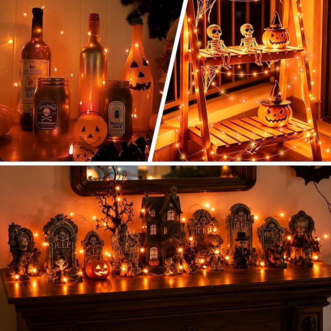 YEGUO Fairy Lights Battery Operated, 8 Packs Each 16ft 50 LED String Lights, 2 Modes Silver Wire Christmas Twinkle Light Indoor for Halloween Bedroom Wedding Party Holiday Gift(Orange)