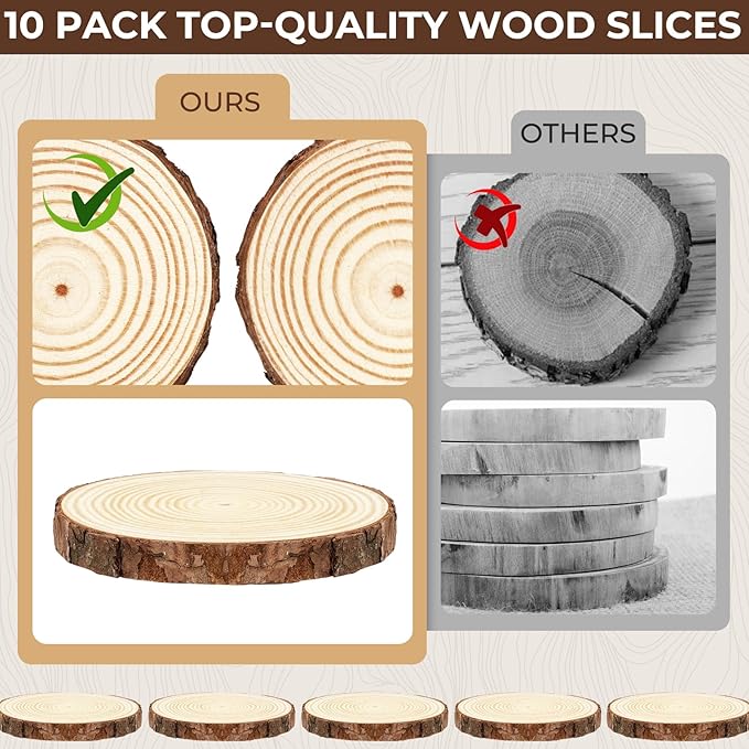 FSWCCK 10 PCS Unfinished Wood Slices for Centerpieces-Round Natural Discs with Tree Bark, Wooden Cookies Circles for Crafts Christmas Ornaments, Rustic Wedding Decor,Table Decoration (4"- 4 .7")