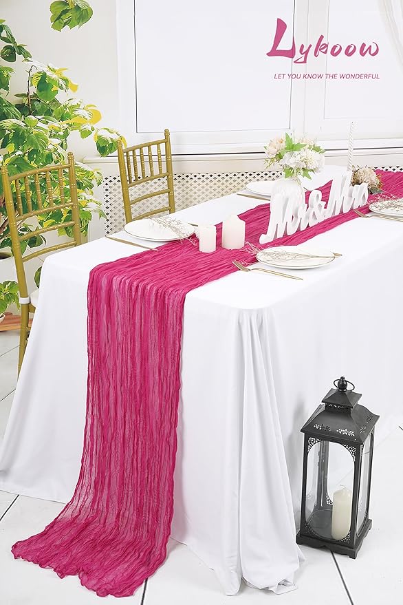 10 Packs Cheesecloth Table Runner, 10Ft x 35" Rose Red Rustic Gauze Boho Wedding Table Decor, Hot Pink