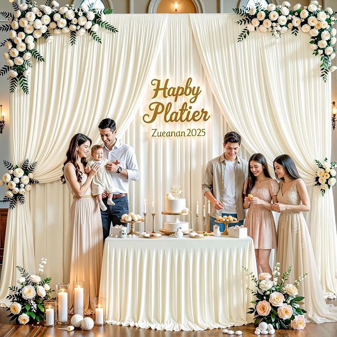 50ftx12ft Wrinkle Free Ivory Backdrop Curtain, 10 Panels 12FT Long Wedding Photo Backdrop Drapes, Silky Polyester Back Drop Cloth for Birthday Photography Background Party Backdrop Draping