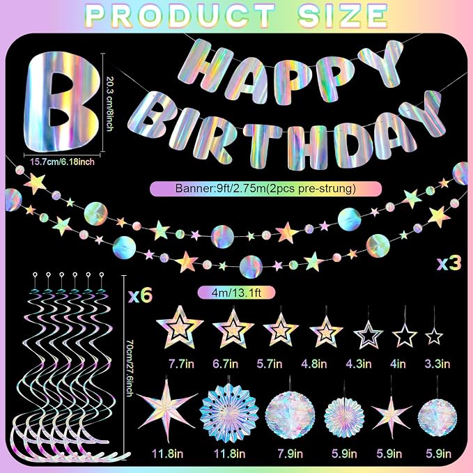 Knitgrip 23 Pcs Pre-strung Iridescent Birthday Party Decorations Aurora Holographic Party Decorations Include Disco Sparkly Happy Birthday Banner Hanging Honeycomb Ball Paper Fan Snowflake Star