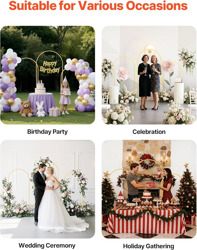 VEVOR Arch Backdrop Stand, Set of 3, 6/5/4 ft, Stable Structure, Easy Assembly, Gold Metal Arch Backdrop Stand for Wedding, Birthday Party, Graduation, Holiday Celebration, and Ceremony Decoration