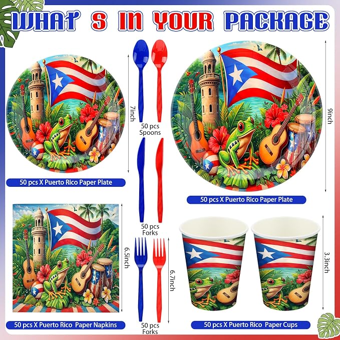 FoldTier 350 Pcs Puerto Rico Party Supplies Disposable Paper Plates Napkins Cups Puerto Rico Theme Birthday Party Decorations Tableware Flag Frog for Holiday Festival Family Friends Serve 50 Guests