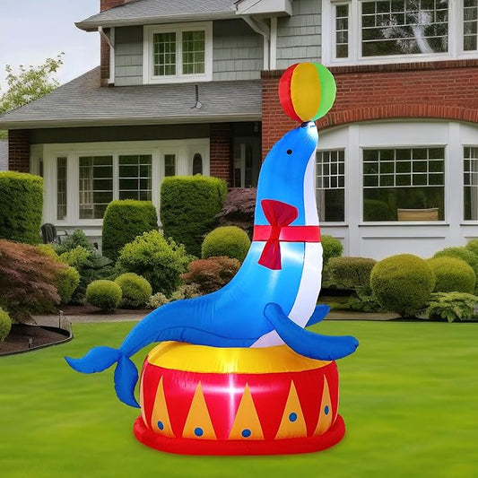 Silipull LED 5 FT Inflatable Seal for Circus Carnival Party Outdoor Decorations, Carnival Theme Birthday Party Blow Up Animal for Outdoor Indoor Pool Yard Decorations