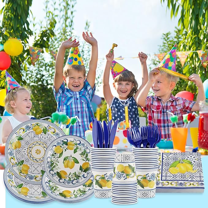 120 PCS Capri Lemon Supplies, Disposable Blue Tiles Lemon Plates Napkins Cups Knives Forks, Fruit Theme Party Tableware Set for Birthday Bachelorette Party Baby Shower Decor Supplies, Serves 20 Guests