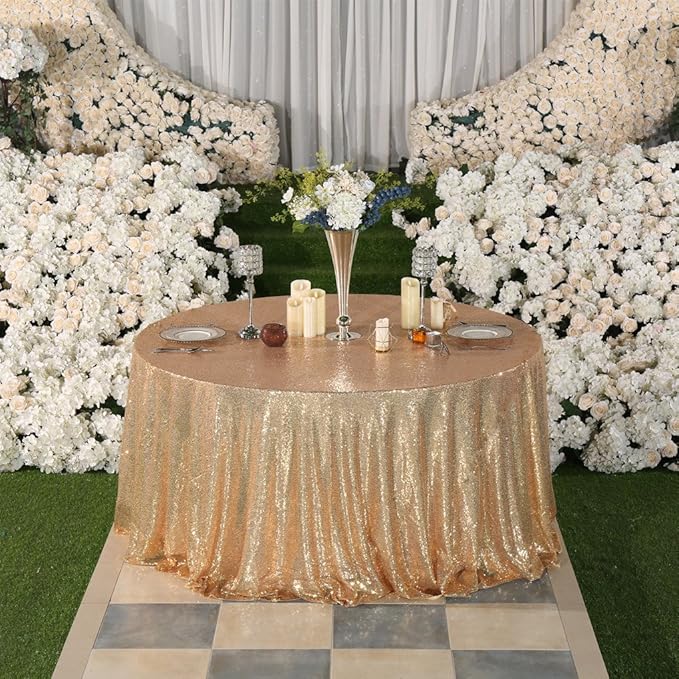 PartyDelight Light Gold Sequin Tablecloth Round 120" Table Linen for Wedding, Banquet, Party