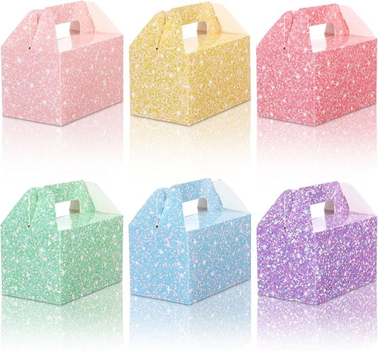 AmazingSpark 24 Pack Pastel Gable Treat Boxes Glitter Macaron Party Favor Gift Boxes for Candy Cookie Toy Party Supply for Birthday Weddings Baby Shower Holiday Christmas 5.9 x 3.5 x 3.5 Inches