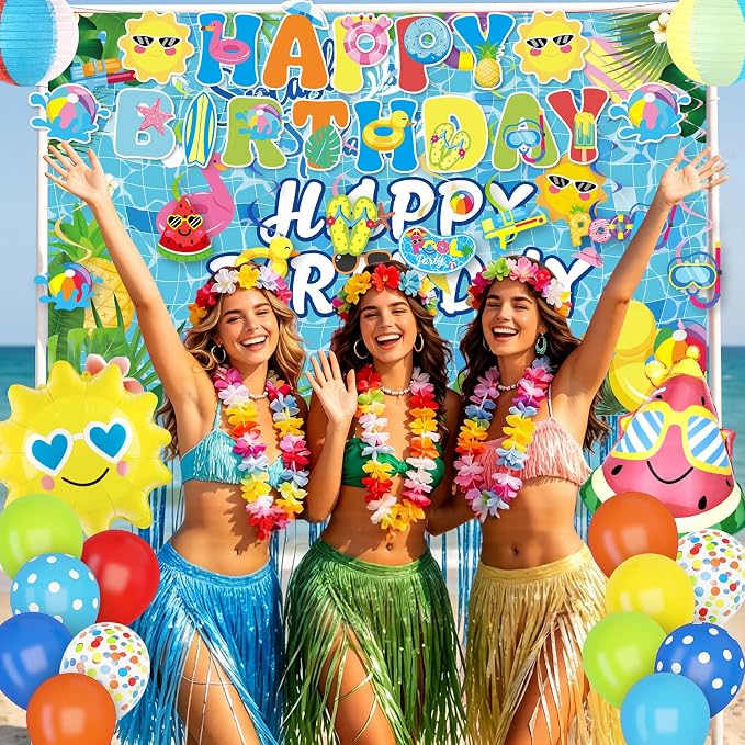 Summer Pool Beach Birthday Party Decorations, Splash Summer Backdrop Banner Hanging Swirls Honeycomb Centerpieces Cake Toppers Foil Balloons for Tropical Swimming Luau Water Hawaiian Party Decor(Blue)
