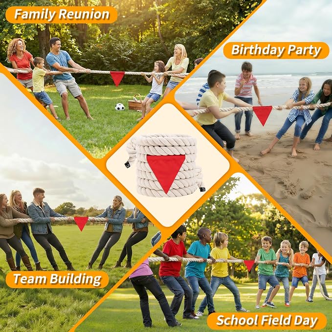 Tug of War Rope for Kids & Adults - 1in x 45ft Soft Cotton Outdoor Pulling Rope with Flag for Team Building Activities Field Day Family Reunions Birthday Parties Camping Games - Beige