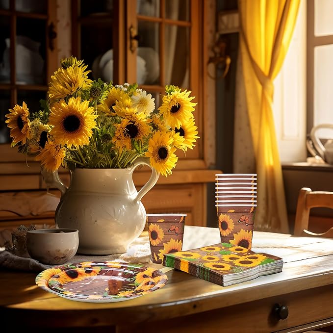 Ziliny 250 Pcs Sunflower Party Decorations Include Spring Summer Floral Paper Plates Napkins and Cups for Wildflower Baby Shower Tea Decorations, Serve 50 Guest(Yellow and Brown,Sunflower Style)