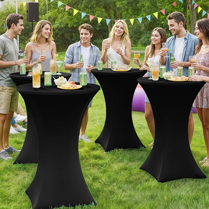 Moosfor Spandex Cocktail Table Covers 4 Pack, Elastic Fitted Stretch Table Cloth, Round High Top Tablecloths for Bar, Party, Pub, Wedding & Banquet (Black, 28x43 Inch)