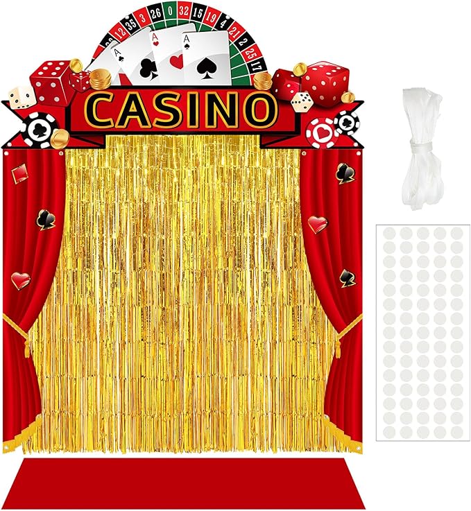 VitalCozy 7pcs Casino Party Decorations Casino Night Party Porch Banners Red Rug Gold Foil Fringe Backdrop Curtains for Las Vegas Poker Dice Birthday Halloween Photo Background Door Entryway Decor